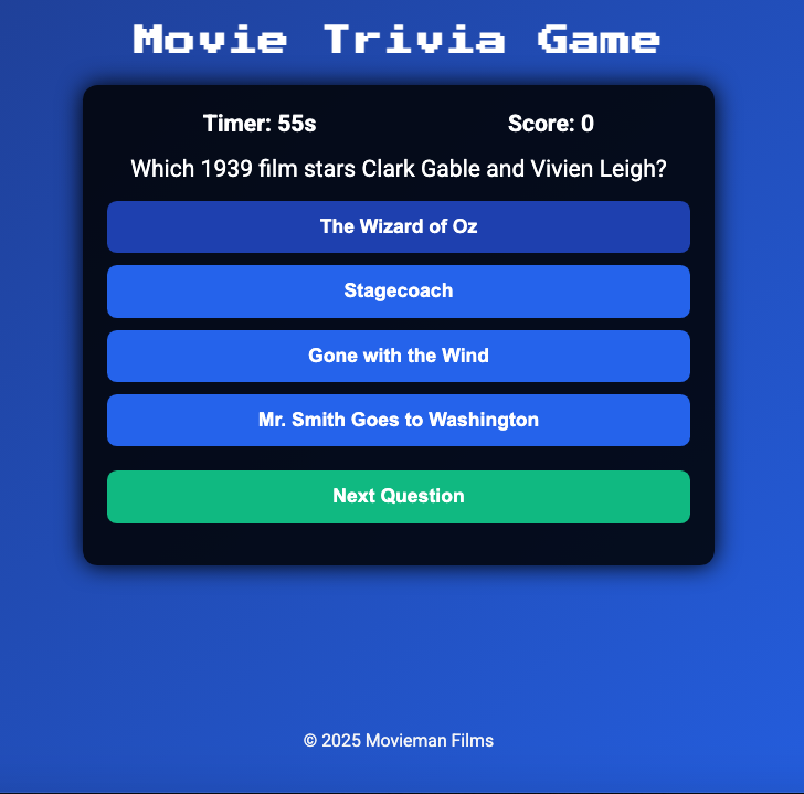 Screenshot of Movie Trivia Game showing questions and timer